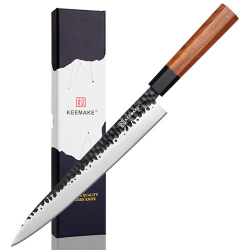 KEEMMAKE Sushi Knife - 10 inch Yanagiba with 440C Stainless Steel Blade, Japanese Sashimi Knife with G10 Bolster and Octagonal Rosewood Handle, Gift Box Included