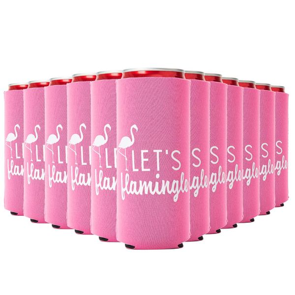 Lets Flamingle! Set of 12 Pink and White Flamingo Can Coolers Cups - Great Flamingo Party Favors Supplies for Birthday Party, Final Flamingle Bachelorette Party, and Flamingo Party Decorations