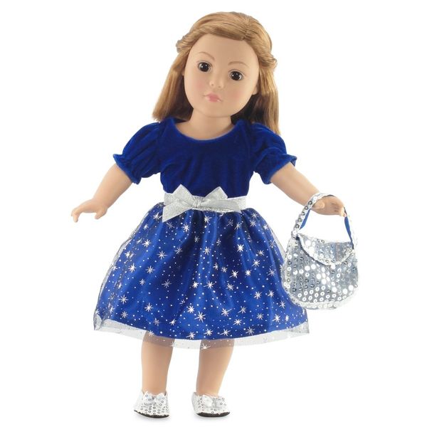 Emily Rose 18 Inch Doll Clothes Clothing Accessory | Gorgeous Midnight Star Holiday or Party 18" Doll Dress Gift Set with Silver Sequin Shoes and Purse Accessories | Fits 18" Dolls | Gift-Boxed!