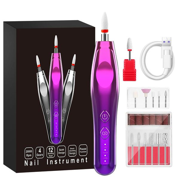 Nail Drill Electric Nail Files Manicure & Pedicure Tools & Accessories, 4 Modes Nail Drill Machine Ceramic Nail Bit for Beginners with Illuminated Light, Rechargeable Nail Kit Manicure Set