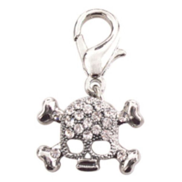 Clear Crystak Skull D-Ring Pet Collar Charm, Zipper Pull, Purse Charm