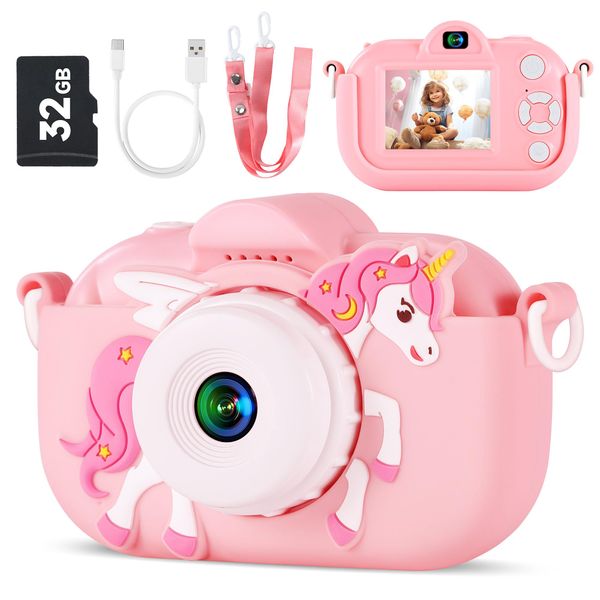 Kids Camera Toys for Ages 3 4 5 6 7 8 9 Girls, 48MP Dual Lens Toddler Camera Kids Digital Camera Christmas Birthday Gift for Kids, Kids Video Camera Selfie Camera with 32G SD Card, Silicone Cover