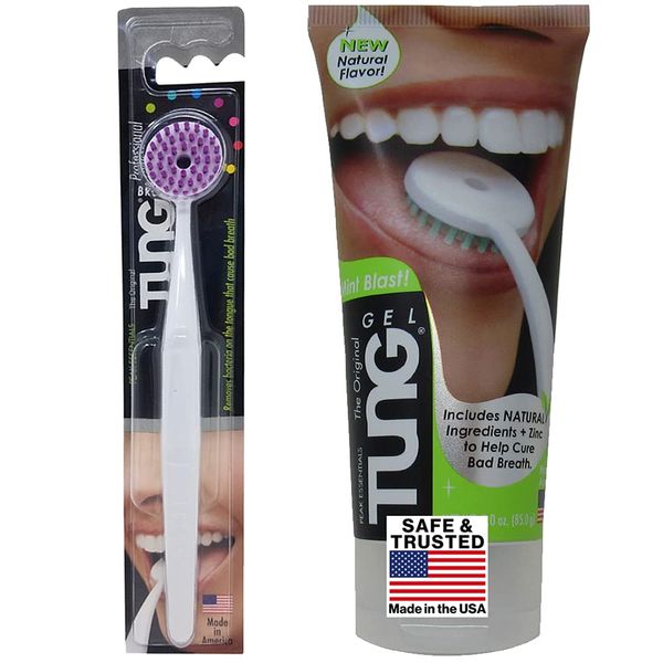 Peak Essentials | TUNG Natural Brush & Gel Kit | Tongue Cleaner for Adults | Tongue Scraper to Fight Bad Breath and Halitosis | Mouth Odor Eliminator | Fresh Mint | Made in America (Starter Pack)