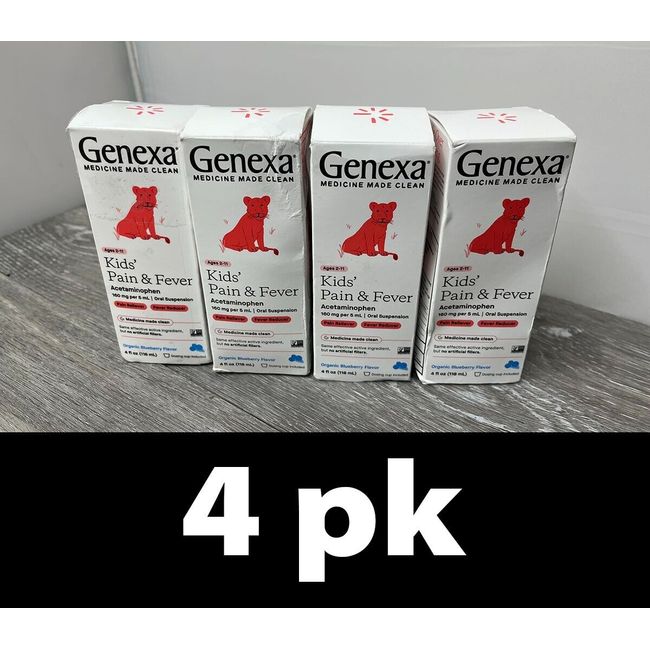 4pk Genexa Kids' Pain & Fever Acetaminophen 4 oz Blueberry Exp 1/25 NEW OTHER