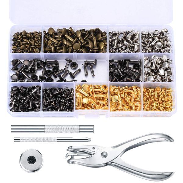 360PCS Leather Rivets, 3 Sizes Metal Double Cap Tubular Rivets, with Leather Hole Punch Pliers and Fixing Tool Kit, for DIY Leather Craft Repairs Decoration (Gold/Silver/Bronze/Black)