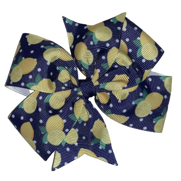 Navy and Yellow Lemons Pinwheel Hair Bow 4"