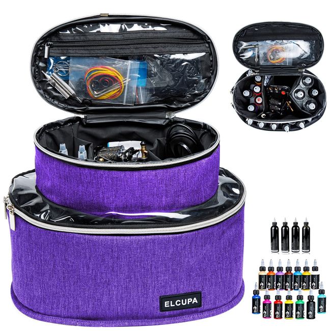 ELCUPA Tattoo Kit Organizer Case-Tattoo Ink Storage-Tattoo Supplies Carrying Bag Portable-Holds 30 Bottles-Tattoo Kits Bag, Purple, BAG ONLY, Patent Pending