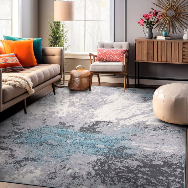 Rugshop Blue Rugs 8x10 Modern Abstract Stain Resistant Soft Rugs for Living Room