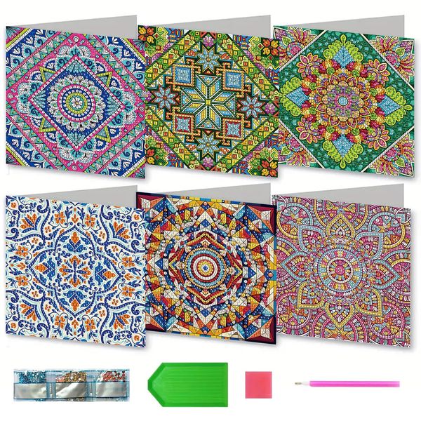 Leseogye 6 PCS Diamond Art Cards, 5d Diamond Painting Kit for Adults, Crystal Art Cards with Envelopes, Handmade Rhinestone Greeting Card Making Supplies for Adults Kids