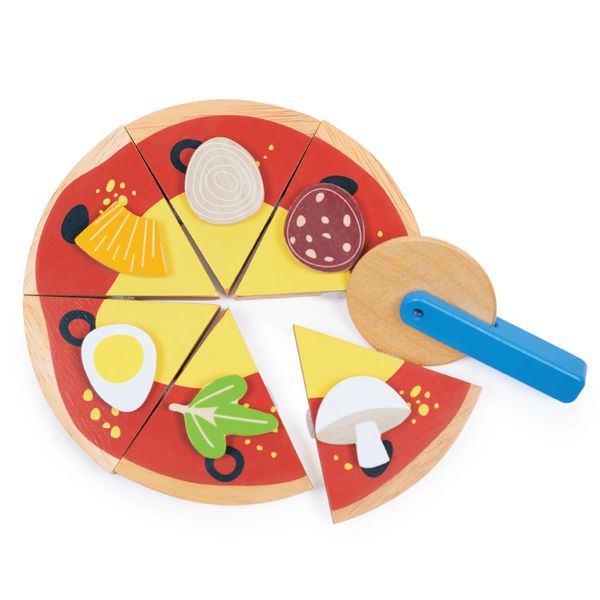 Mentari Toys - Take-Out Pizza - 12pc Sliceable Wooden Pizza with Cutter - Children’s Pretend Play Food - Toy Kitchen Accessories - Imaginative Role Play Set - Age 3+