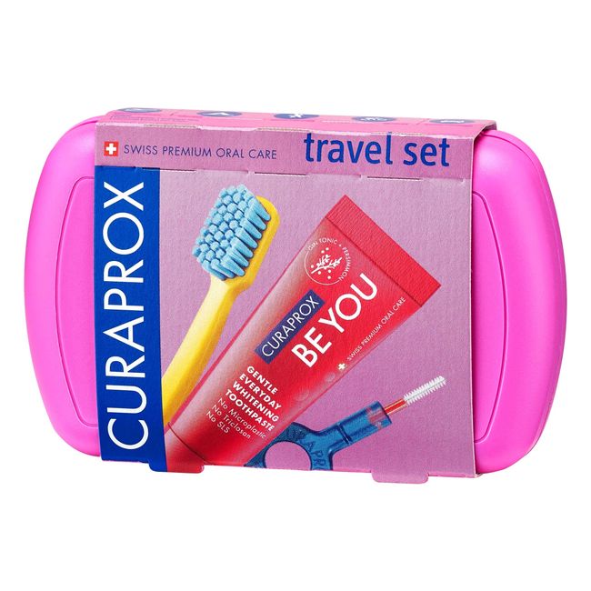 Curaprox Travel-Set Rosa - Zusammensteckbare Reisezahnbürste CS 5460 + «Be You»-Reisezahnpasta + 2 Interdentalbürsten CPS prime 07 und 09 - Reise-Zahnpflege-Set 9,5 cm x 6 cm