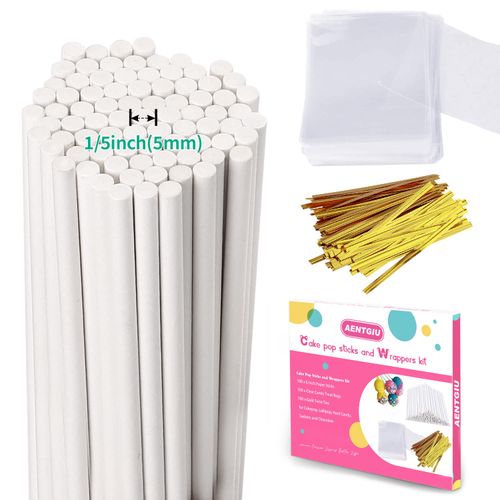 Cake Pop Thick Sticks and Wrappers Kit, Including 100ct 6-inch 5mm Diameter Paper Lollipop Sticks, 100ct Clear Candy Treat Bags Parcel, 100ct Gold Twist Ties for Cakepop, Lollipop, Hard Candy