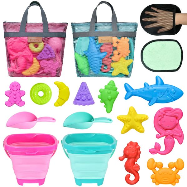 Aclarastra Collapsible Beach Sand Toys for Kids - Travel Beach Toys with 2 Collapsible Beach Buckets, Mesh Bags, Animal Sand Molds, Sand Bucket Shovel Set Sandbox Toy for Toddler Kid Ages 3-5-7