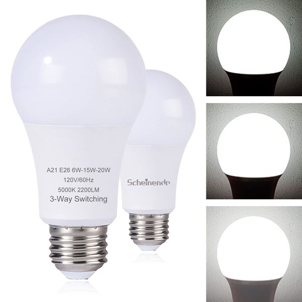 Scheinenda 3-Way Led Light Bulbs A21, 50 100 150 Watt Equivalent, Perfect for Reading, 5000K Daylight, Indoor Standard E26 Bulb, Energy Efficient 20 Watt, 2200 Lumens, 2 Pack