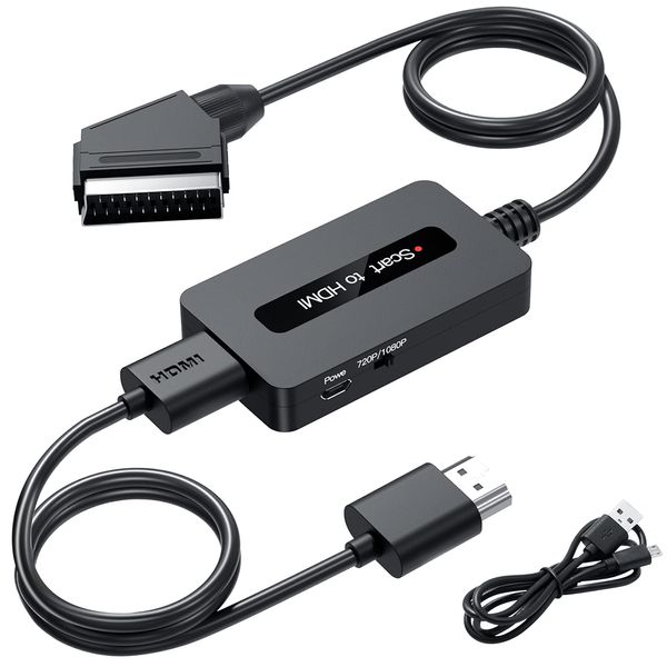 Kirolle Scart auf HDMI Konverter mit Scart und HDMI Kabel, Scart zu HDMI Konverter, Scart Eingang HDMI Ausgang Video Audio Adapter für Sky/DVD/STB zur Anzeige auf HDTV