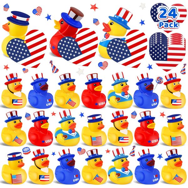 Ouryec 24 Pack Patriotic Rubber Ducks, 4th of July Rubber Ducks Jeep Ducks Bulk, 4th of July Independence Day USA Memorial Day Party Favors, Baby Showers Bath Toys Gifts for Kids(24)