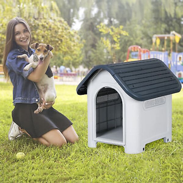 26"H Plastic Dog House Pet Dog Kennel Water Resistant w/Adjustable Skylight Gray