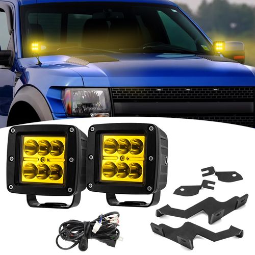 Wsays 2PCS LED Amber Light Pods & Ditch Hood Hinge LED Pod Mount Bracket w/Wiring Kit Compatible with Ford F150 SVT Raptor(1st Generation) 2010-2014 & Fit F-150