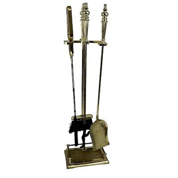 Vintage Brass / Cast Iron Fireplace Tool Set 4 Pc set Taiwan 34” High With Stand