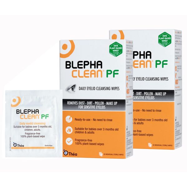 40 Blephaclean PF Daily Eyelid Wipes - Gentle Cleansing for eyelids and Skin Around The Eyes | Suitable for Babies (Over 3 Months Old), Children and Adults | 20 Sterile Plastic-Free Wipes x 2 Packs