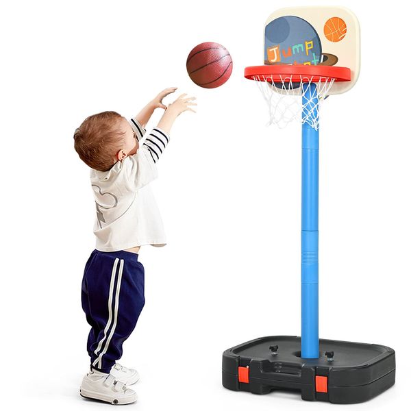 GLACER 2 in 1 Kids Basketball Hoop, Portable Toddler Basketball Hoop Toy Set with Adjustable Height, Ring Toss & Storage Box, Indoor Outdoor Basketball Hoop Stand for Boys Girls (Black)