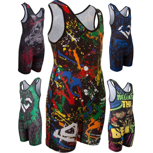 KO Sports Gear - Unisex Wrestling Singlet, Comfortable & Breathable, 4 Way Stretch, Gymnastics, Running, Weightlifting (Paint Splatter, Adult Large)