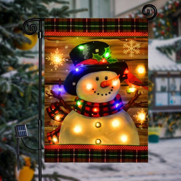 Lighted Winter Garden Flag for Outside, Led Snowman Garden Flag, Winter Yard Flag Winter Garden Flags 12x18 Double Sided for Outdoor Yard Garden Lawn Decoration