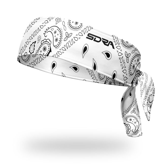 Suddora Paisley Print Bandana Headband, Multi-Sport Boho Style Bandana for Indoor Outdoor Use, Breathable & Non-Slip Fabric, Unisex Head Accessory for Bikers, Halloween (White with Tie)