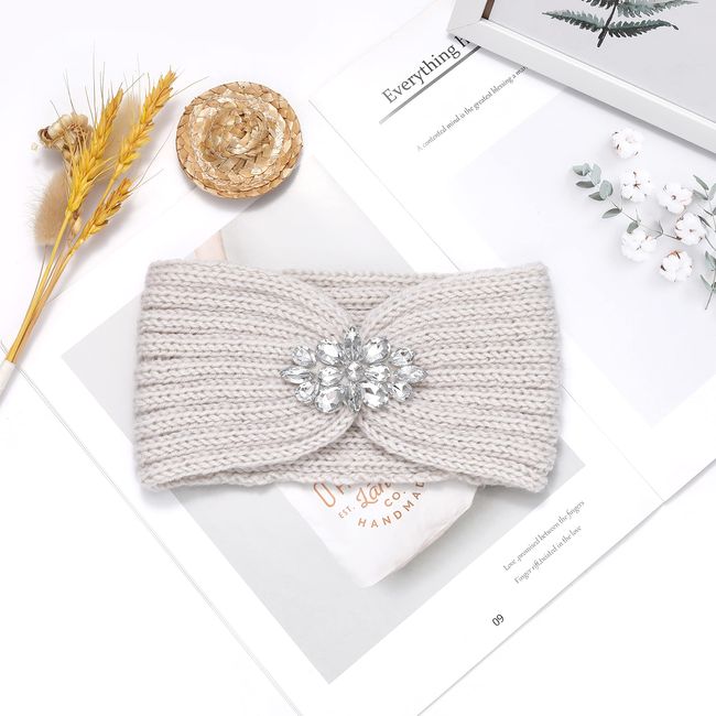 Fashband Winter Strickstirnbänder Strass Ohrwärmer Stirnband Elastischer Knoten Kopfbedeckungen für Frauen und Mädchen(Beige)