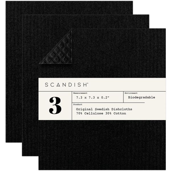 SCANDISH Black Swedish Dishcloths for Kitchen - Set of 3 Swedish Dish Cloths | Swedish Dish Towels Made in Sweden | Reusable, Compostable Black Dishcloths for Kitchen