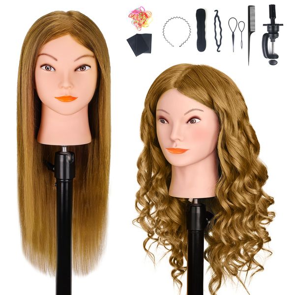 Mannequin Head with 100% Human Hair, MYSWEETY Doll Head for Hair Styling, Manikin Head Cosmetology Makeup Hairdressing Training Head with Clamp Holder and Tools(18" Brown, Makeup)