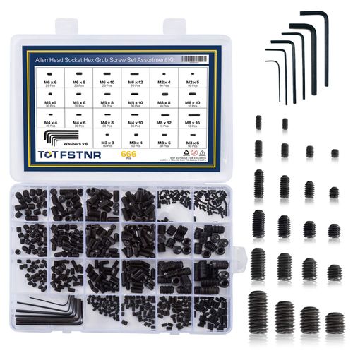 TOTFSTNR 666Pcs Internal Hex Drive Cup-Point Screws Assortment Kit, 22 Sizes M2/3/4/5/6/8 Set Screw Set for Door Handles, Faucet, Light Fixture, 12.9 Class Alloy Steel (Black)