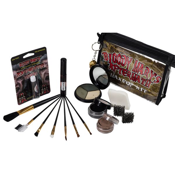 The Aftermath Zombie Starter Makeup Kit By Bloody Mary - Professional Special Effects Supplies - Tri Color Foundation Wheel, Eyeshadow, Tooth Decay, Rotted Teeth, FX Blood, Eyeliner, Sponges, Brushes