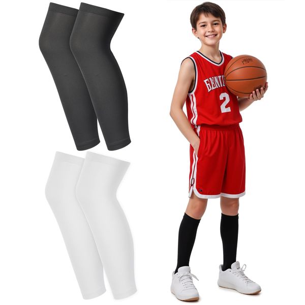 CIATBYYJ 2 Pairs Leg Sleeves for Kids, Long Compression Basketball Leg Sleeve, Non Slip UV Protection Thigh Calf for Youth Boy Girl Basketball Soccer Football Running Sport(Black, White)