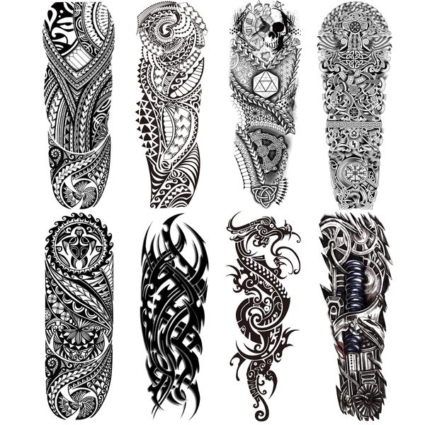 Briyhose Totem Fake Tattoos Sleeve For Men Women, Full Arm Tribal Polynesian Temporary Tattoo Sleeves Adult, Large Black Hawaiian Viking Dragon Temp Tatoo Sticker Leg Body Art Makeup, 8-Sheet