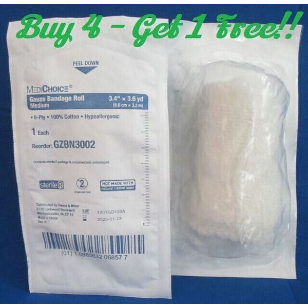 MediChoice Sterile Gauze Bandage Roll Wrap Med 3.4"x3.6yd - 8.6cm x 3.3m 6-ply