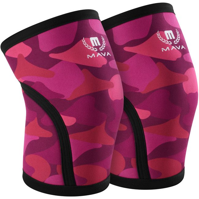 Mava Sports Pair of Knee Compression Sleeves Neoprene 7mm for Men & Women for Weightlifting, Cross Training WOD, Squats, Gym Workout, Powerlifting (Camo Pink, S)