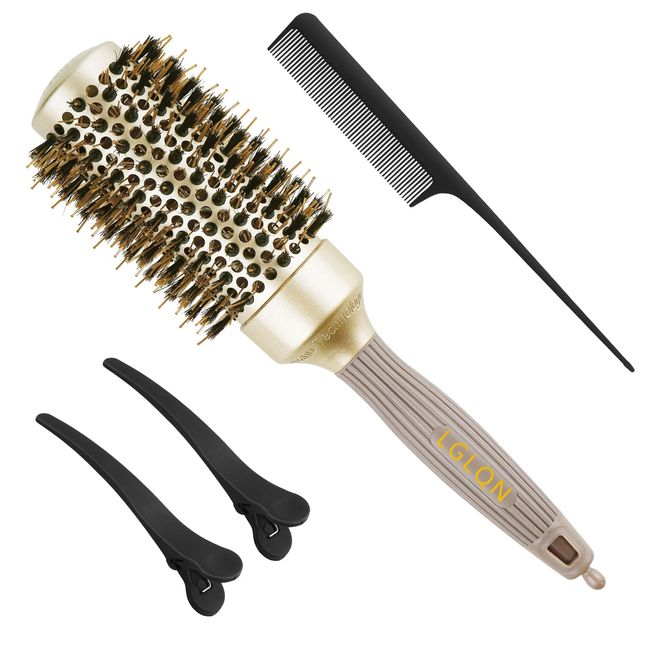 Round Brush for Blow Drying, Round Hair Brush with Boar Bristles, Nano Thermal Ceramic & Ionic Tech, Hair Brush, Large Round Barrel Brush for Styling, Curling, Add Volume & Shine (2.9 inch, Barrel 1.7 inch) + 2 Clips + 1 Comb