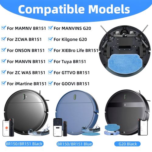 Replacement Parts for MAMNV BR151, for ZCWA BR151, for MANVINS G20, for Kilgone G20, for ONSON BR151, for MANVN BR151, for ZC WAS BR151, for iMartine BR151 Robot Vacuum,6 Side Brush,4 Mop Pad,4 Filter