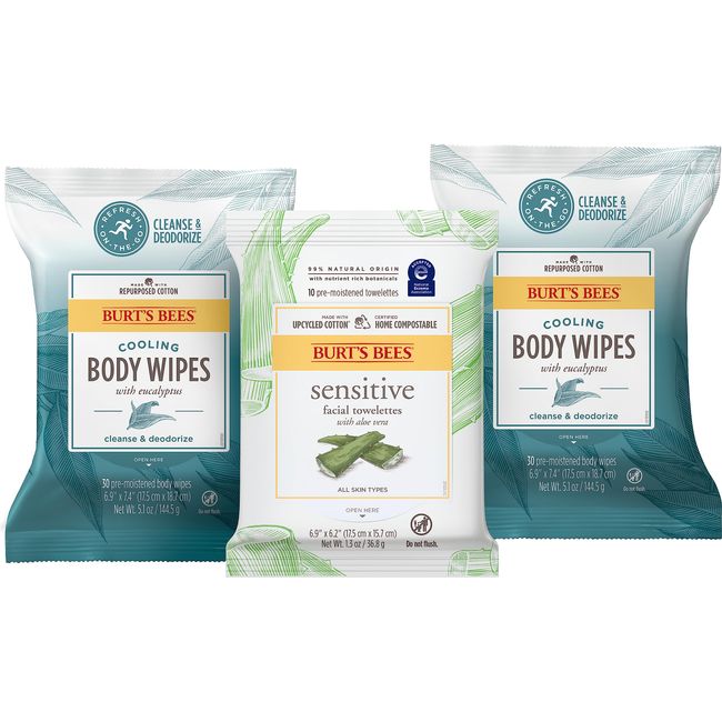 Burt's Bees Cooling Body Wipes with Eucalyptus, 30 Pre-Moistened Body Wipes, 5.1 Oz, and Sensitive Facial Towelettes with Aloe Vera, 10 Pre-Moistened Towelettes, 1.3 Oz