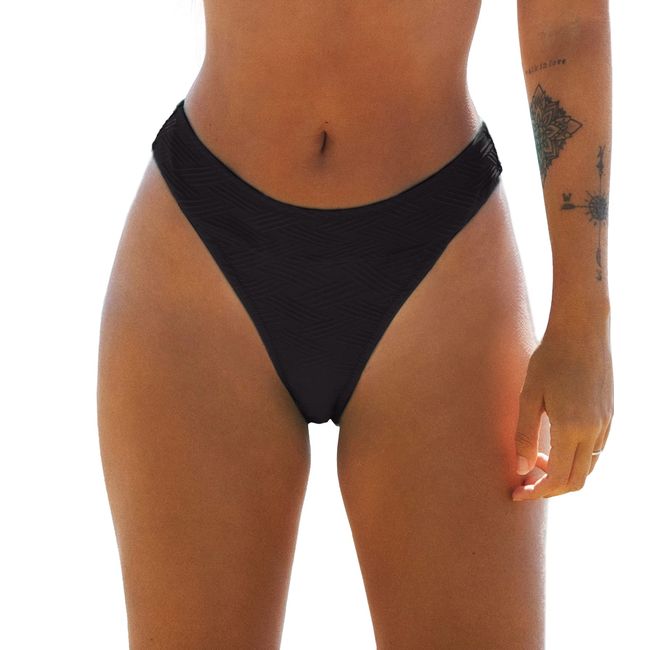 CUPSHE Damen Bikinihose High Cut Mid Waist Cheeky Bikini Badehose Hipster Texturiert Bikini Slip Schwarz XS