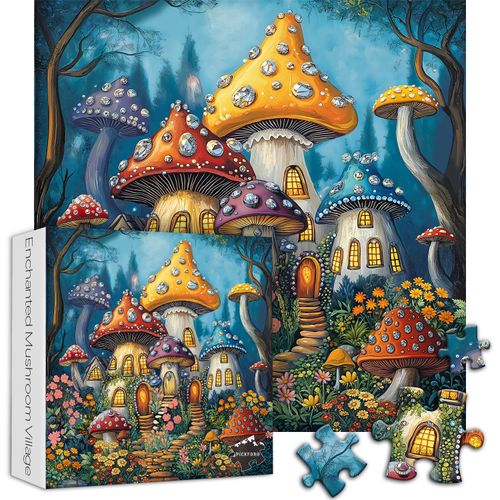 Magic Mushroom Puzzles for Adults 1000 Pieces, House Plant Flower Garden Forest Puzzle, Nature Tree Crystal Diamond Themed, Colorful Village Challenging for Adults