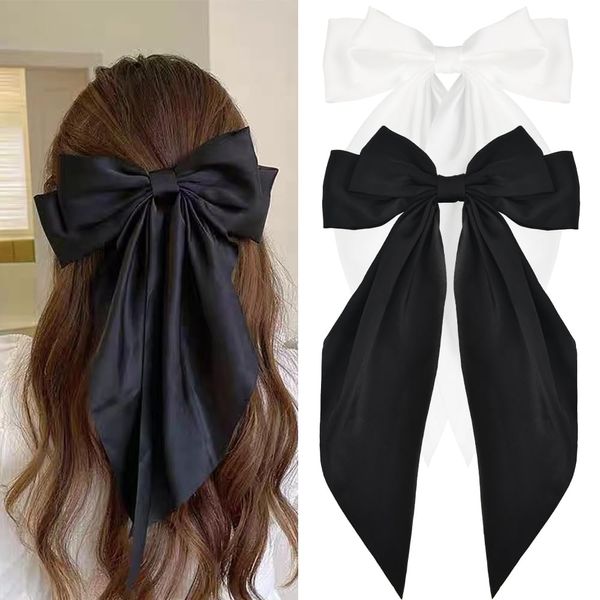 Black Hair Bows for Women White Big Ribbons for Hair Barrettes for Girls Hair Clips for Kids Bowknot Hair Accessories for Thick Fine Hair Stuff for Teenagers Long French Bow Hair Clip for Women Girls