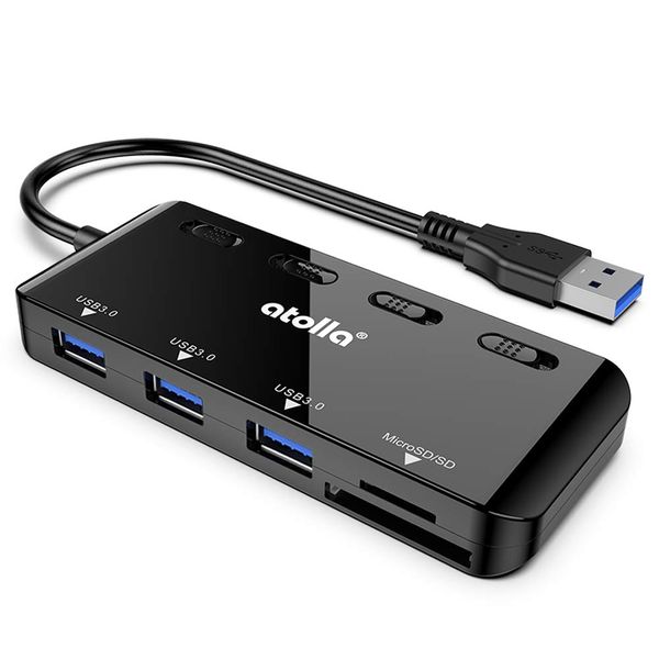 atolla USB 3.0 Hub SD Card Reader, 3-Port USB Hub 3.0 + SD Card Reader with On/Off Power Switch, 5Gbps High Speed Data Transfer, Lightweight, Compact, Compatible with Windows and MacOS