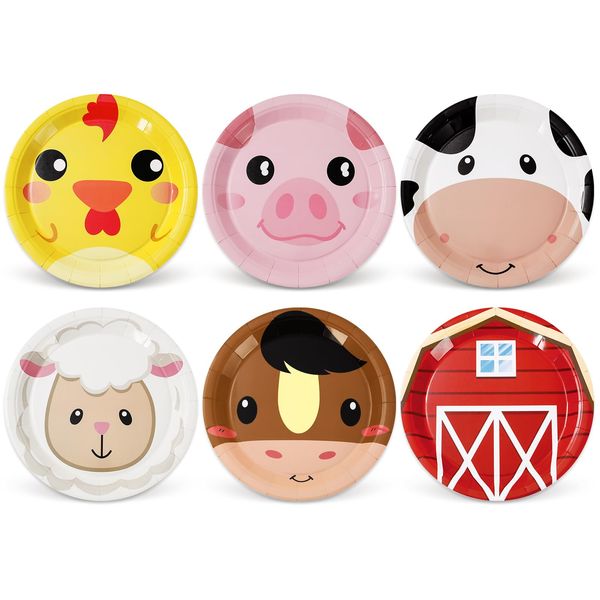 Whaline 60Pcs Farm Animal Birthday Party Dessert Plates Cock Pig Cow Sheep Disposable Paper Plates 6 Designs Farmhouse Dinnerware Plate 7 Inch for Party Supplies Table Decor