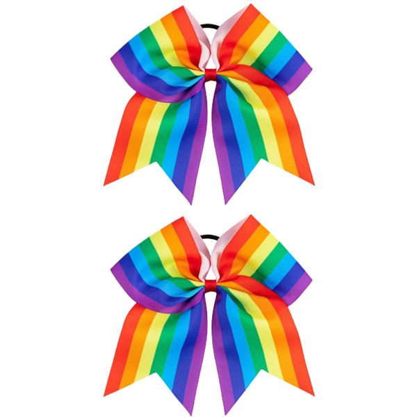 Rainbow Cheer Bows 8 Inch Jumbo Cheerleader Bows Ponytail Holder Cheerleading Bows Hair Tie Gay Pride Day Cheer Bows Hair Accessories for School Girls Women 2 Pack