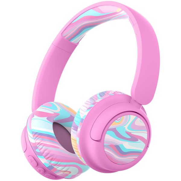 iClever BTH22 Kids Bluetooth Headphones, 60H Play Time, 74/85 dBA Safe Volume, Bluetooth 5.4, USB C, Over Ear Kids Headphones Wireless with Mic AUX Cord for iPad/Tablet/Travel/School, Pink-Stripe
