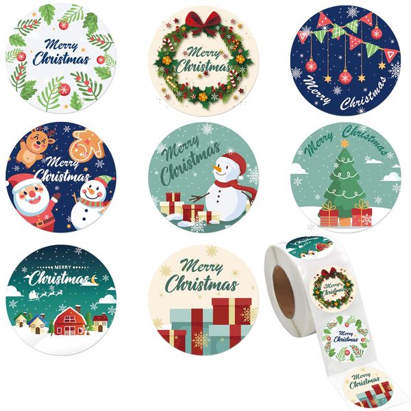 BANPUBASE 600PCS Christmas Envelope Stickers, 1.5" Round Merry Christmas Stickers, 8 Winter Christmas Designs Decorative Envelope Seal Stickers, Card Gift Envelope Boxes