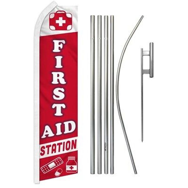 First Aid Station Swooper Flutter Feather Advertising Flag Pole Kit CPR Aid