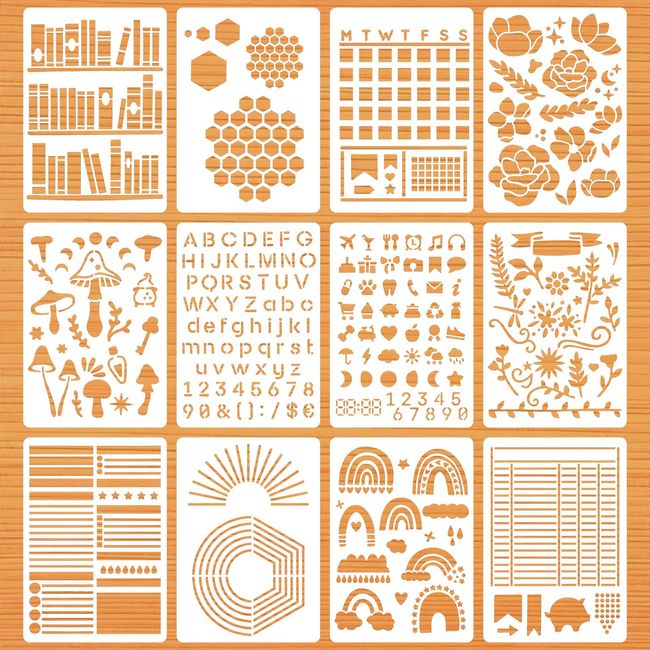 Daily Layout Stencil for Bullet Journal and Planner, Bookshelf/Monthly/Honeycomb Hexagon/Mushroom/Flower and Other Time Saving Planner Template Stencils for Journaling Supplies